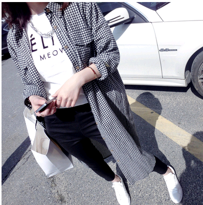 韓版復古格子寬松中長款襯衫女夏季新款長袖襯衣過膝防曬風衣外套