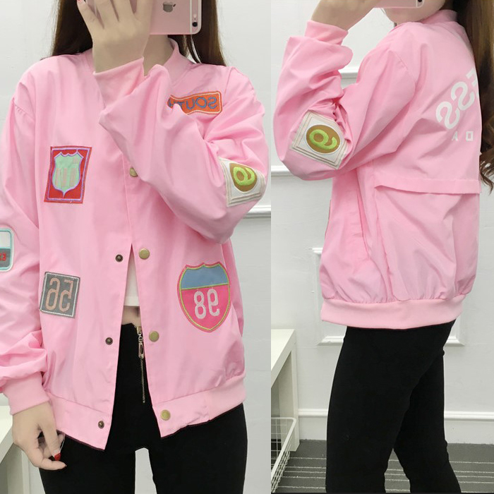 原宿風bf外套女春秋學生夾克棒球服2017新款長袖寬松粉色貼布補潮
